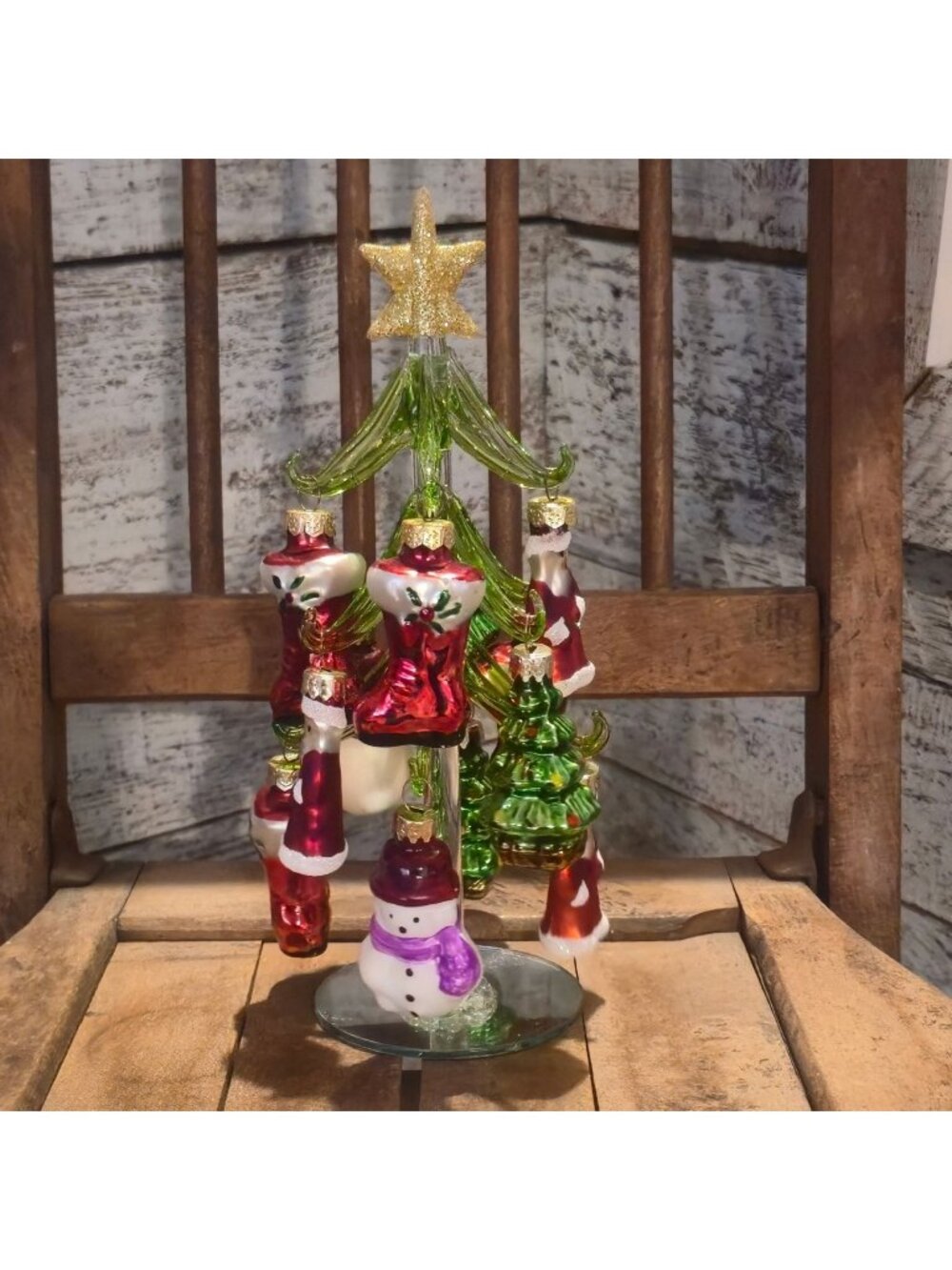Vintage glass Christmas Tree with Mini mercury Ornaments Hand Blown snowman 8" - Picture 2 of 13